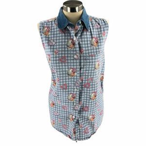 Andrews Blues Womens Shirt Blouse Light Blue Plaid Large Sleeveless Collared EUC